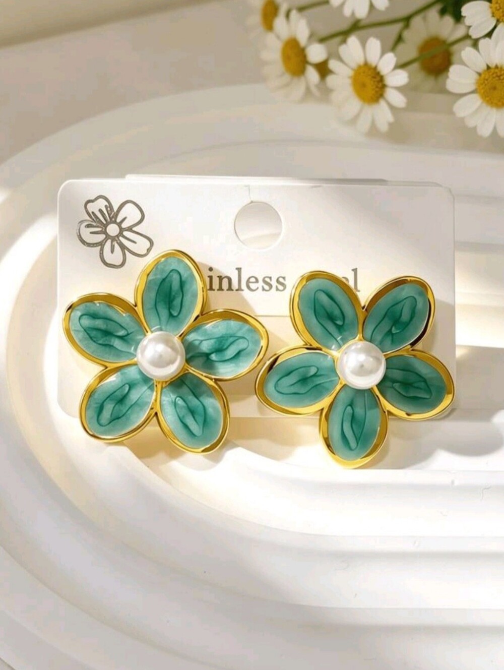 Gold-Tone Green Flower Pearl Stud Earrings - Women Jewelry